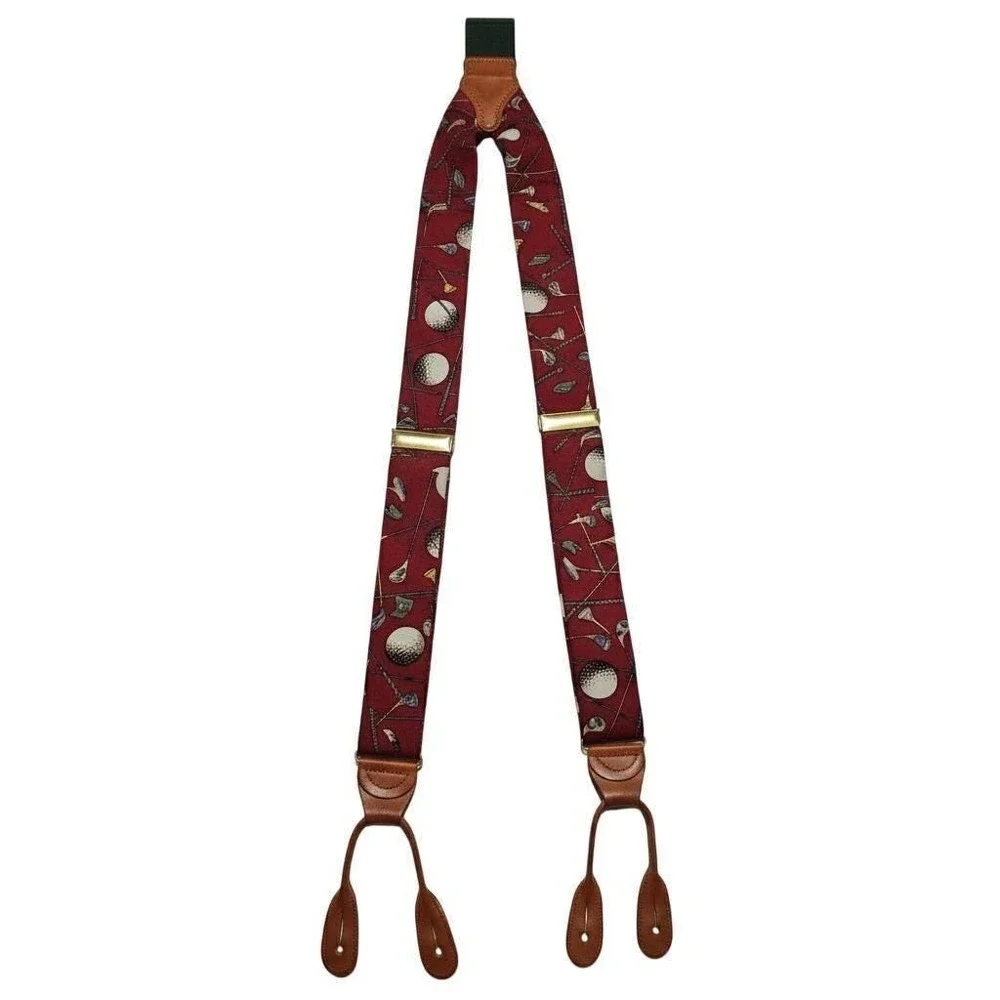 Polo Ralph Lauren Golf Motif Silk Embroidered‎ Suspenders Leather Heritage VTG